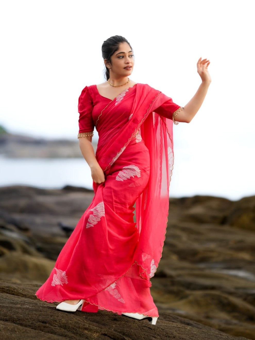 Petal Whisper – Dark Pink Organza Silk Saree with Floral Digital Print