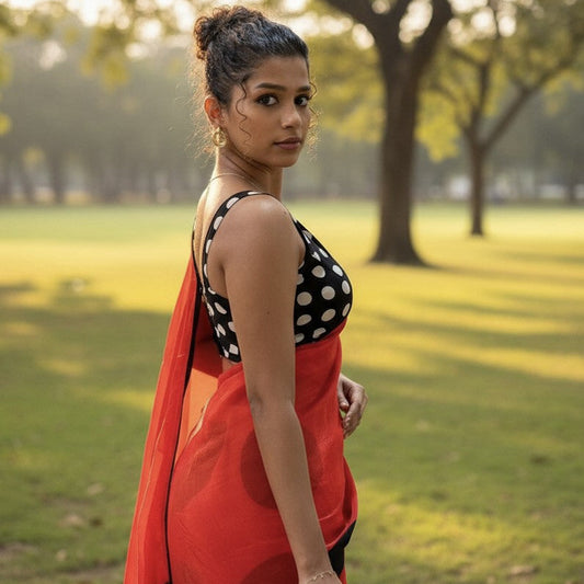 Polka Whisper – Glass Organza Saree with Digital Polka Print & Black Piping