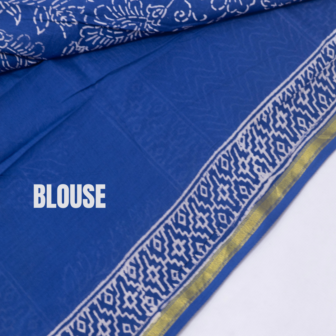 Indigo blue block print jaipuri cotton saree-S160