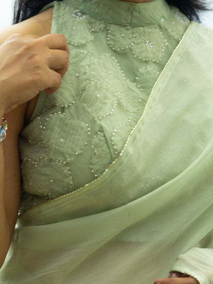 Whispered Grace – Mint Green Pure Organza Silk Saree