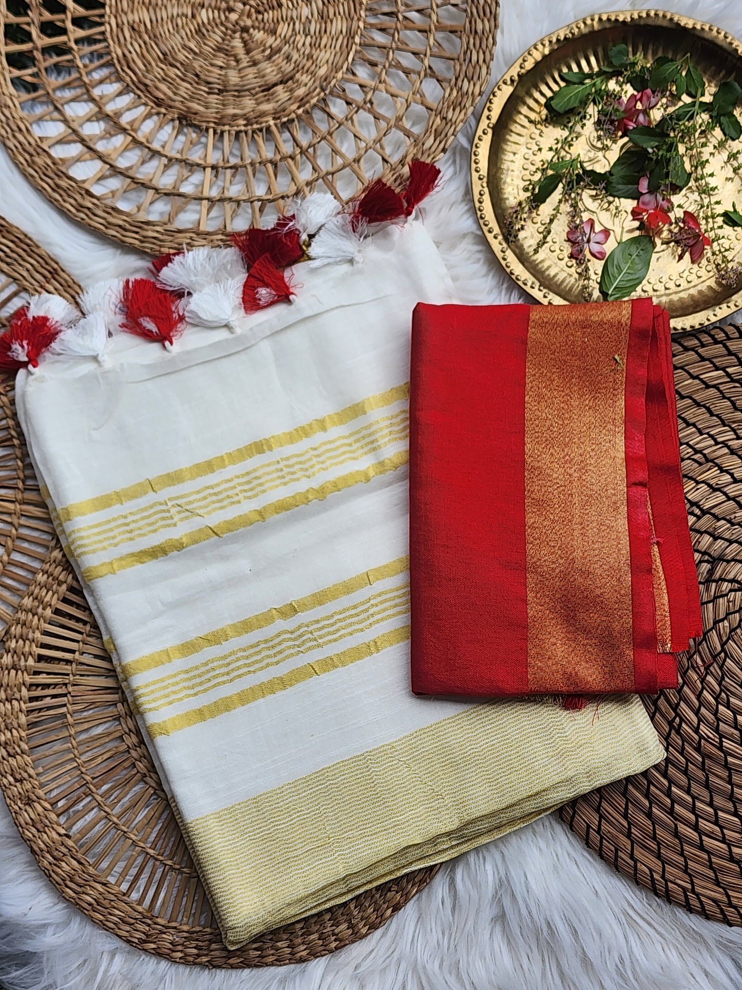 Cotton linen red & white saree-SA254