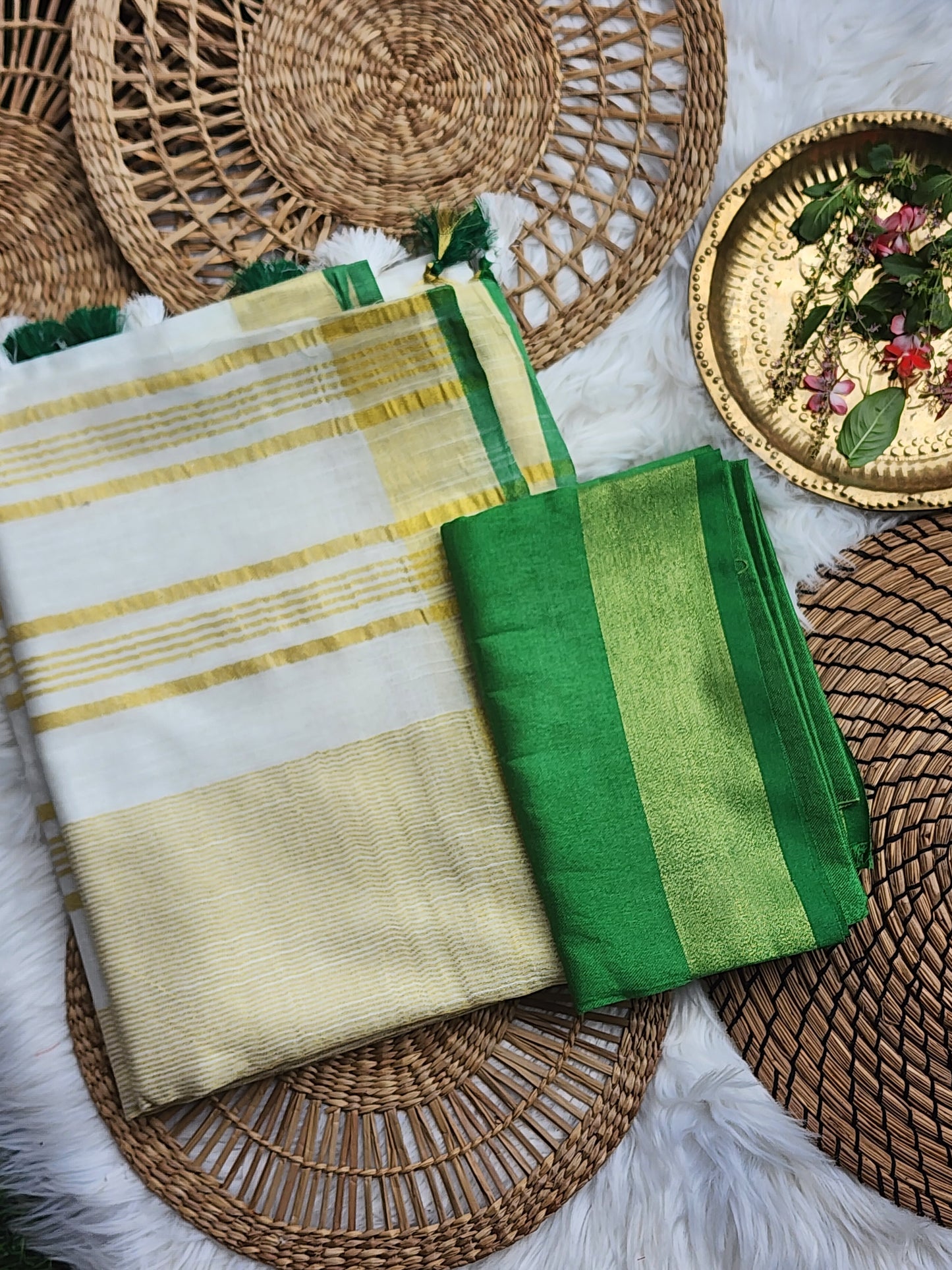 Cotton linen green & white saree-SA255