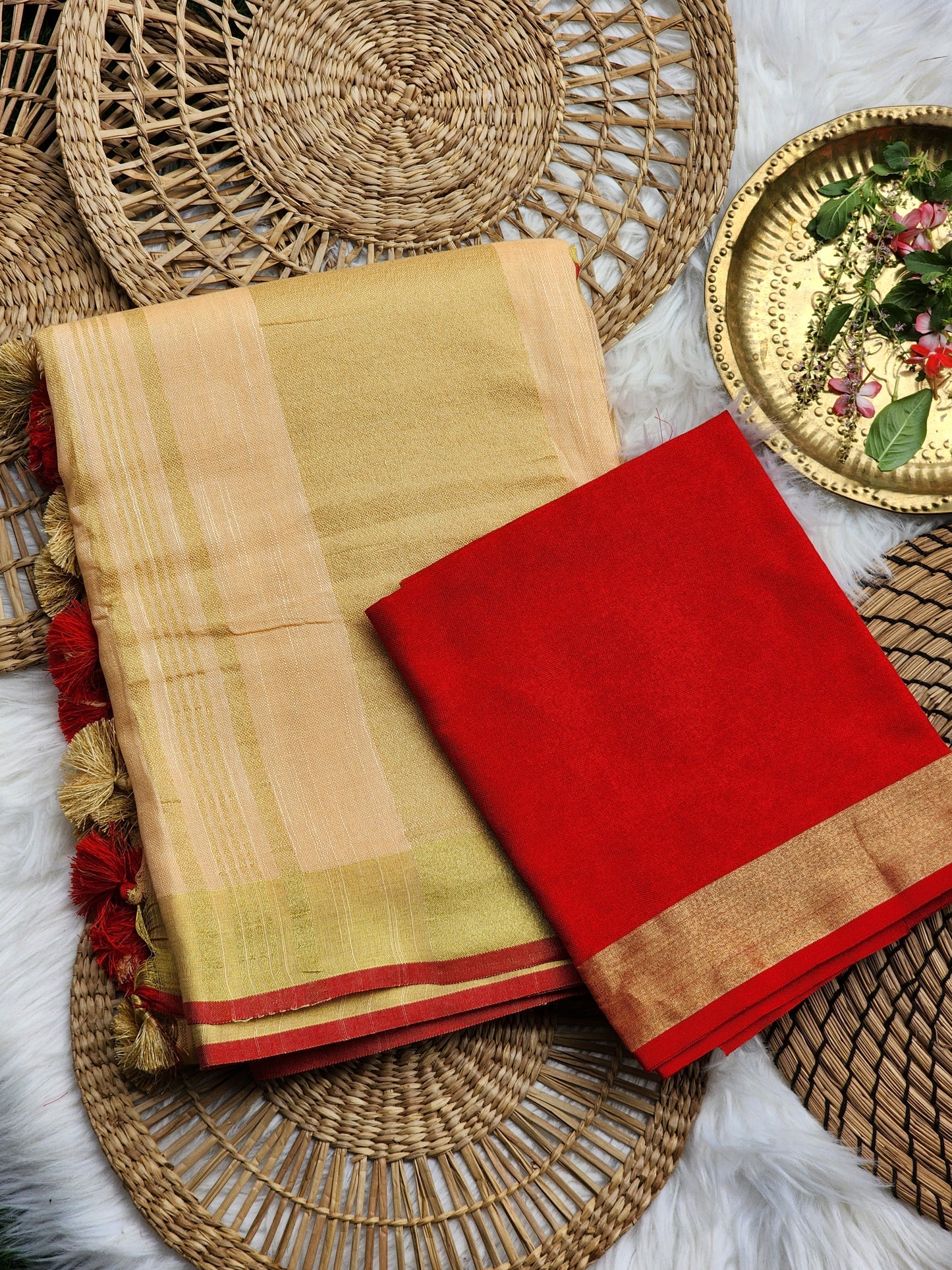 Cotton linen Coral & red saree-SA256