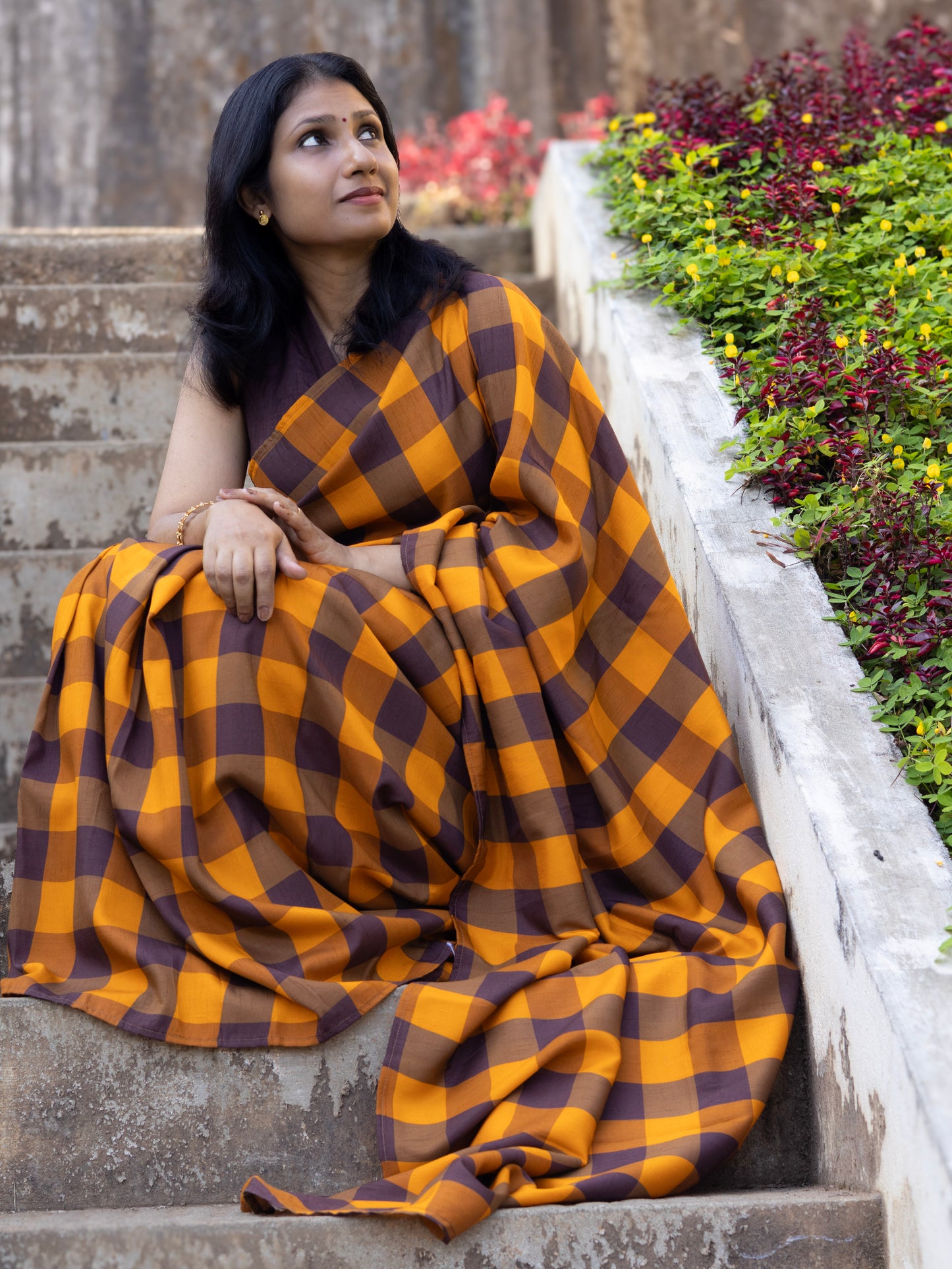 Amber Check Legacy- raw silk saree with digital check prints