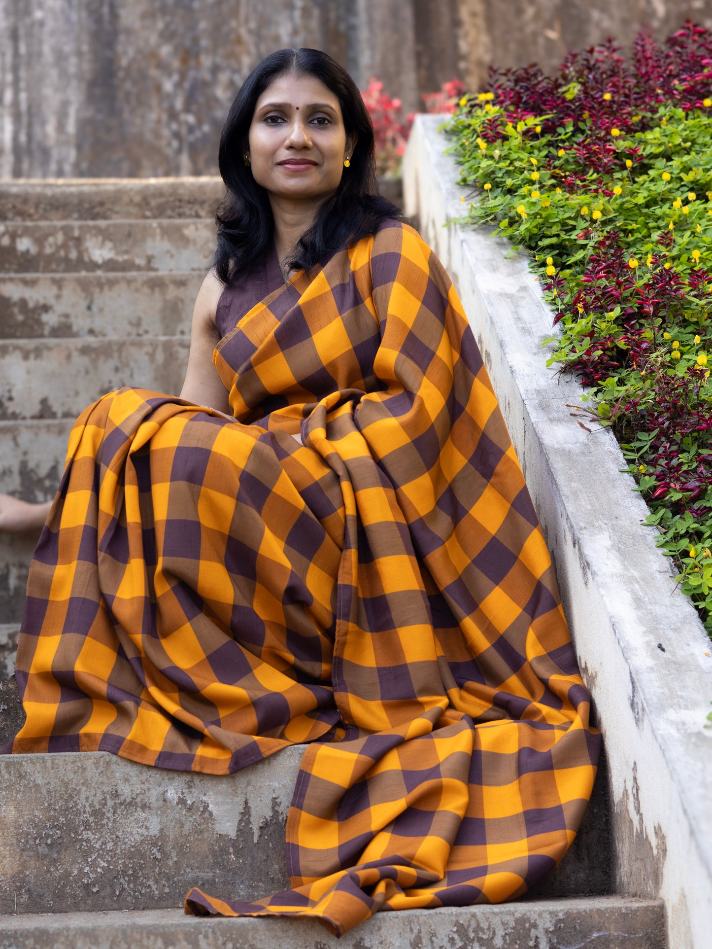 Amber Check Legacy- raw silk saree with digital check prints