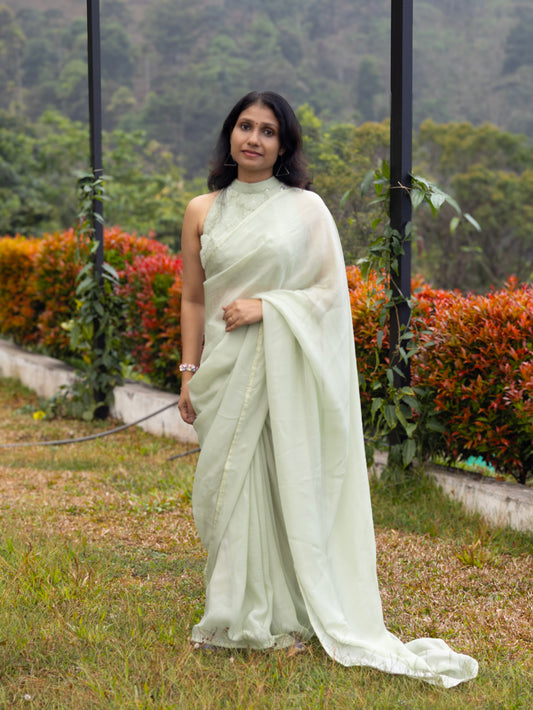 Whispered Grace – Mint Green Pure Organza Silk Saree
