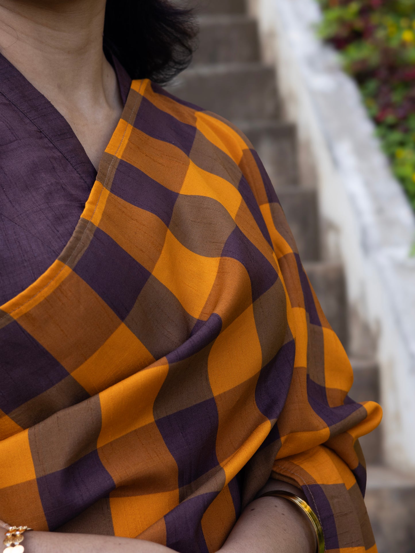 Amber Check Legacy- raw silk saree with digital check prints