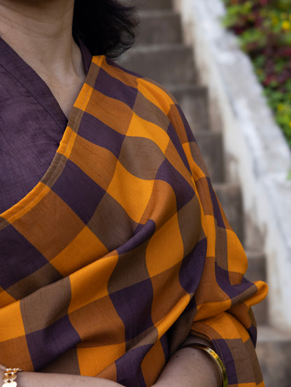 Amber Check Legacy- raw silk saree with digital check prints