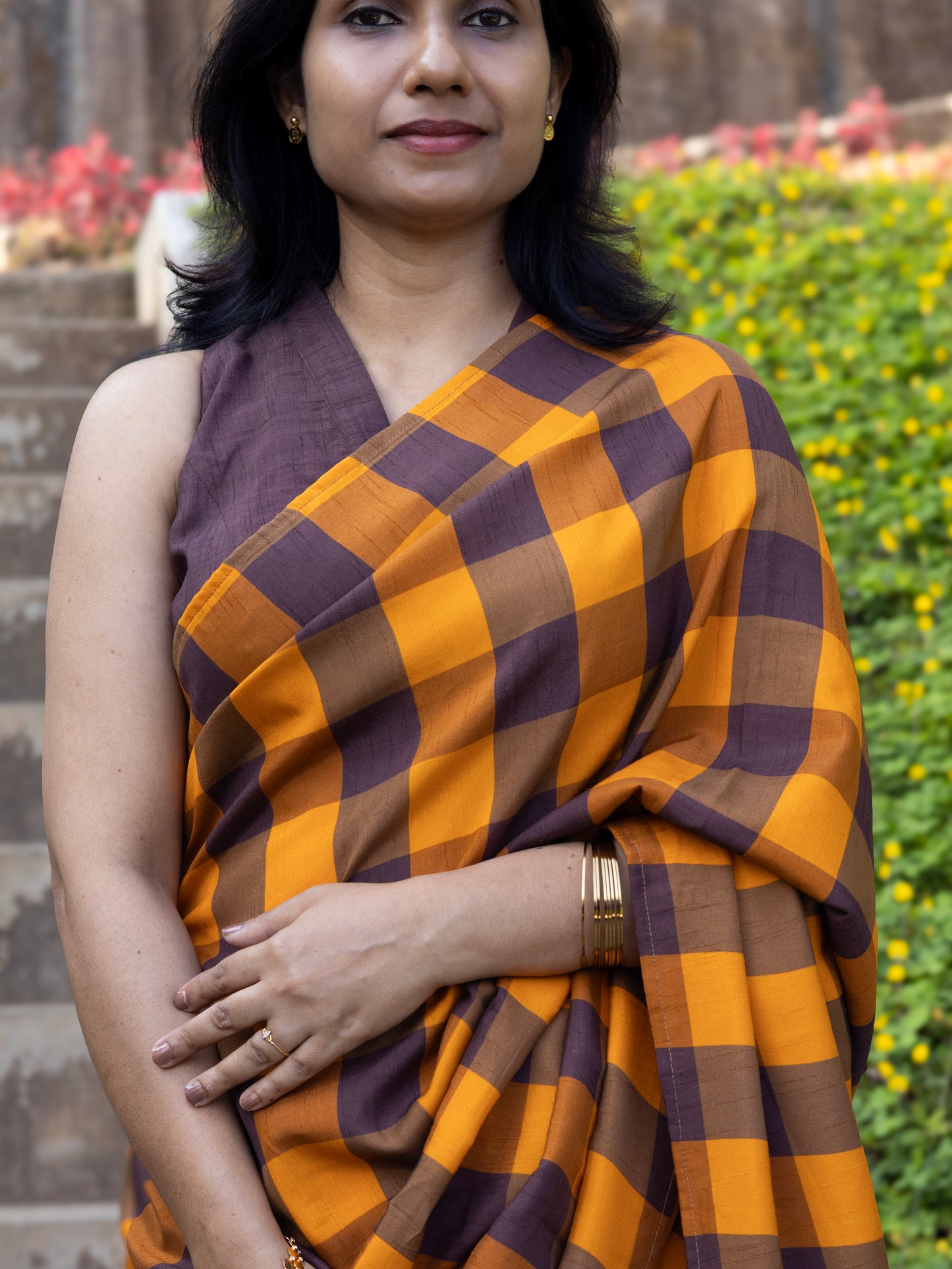 Amber Check Legacy- raw silk saree with digital check prints