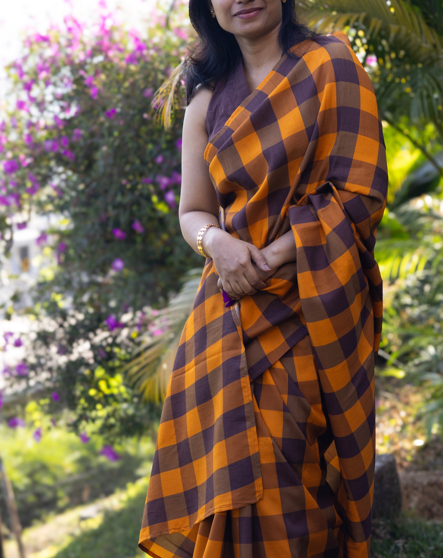 Amber Check Legacy- raw silk saree with digital check prints