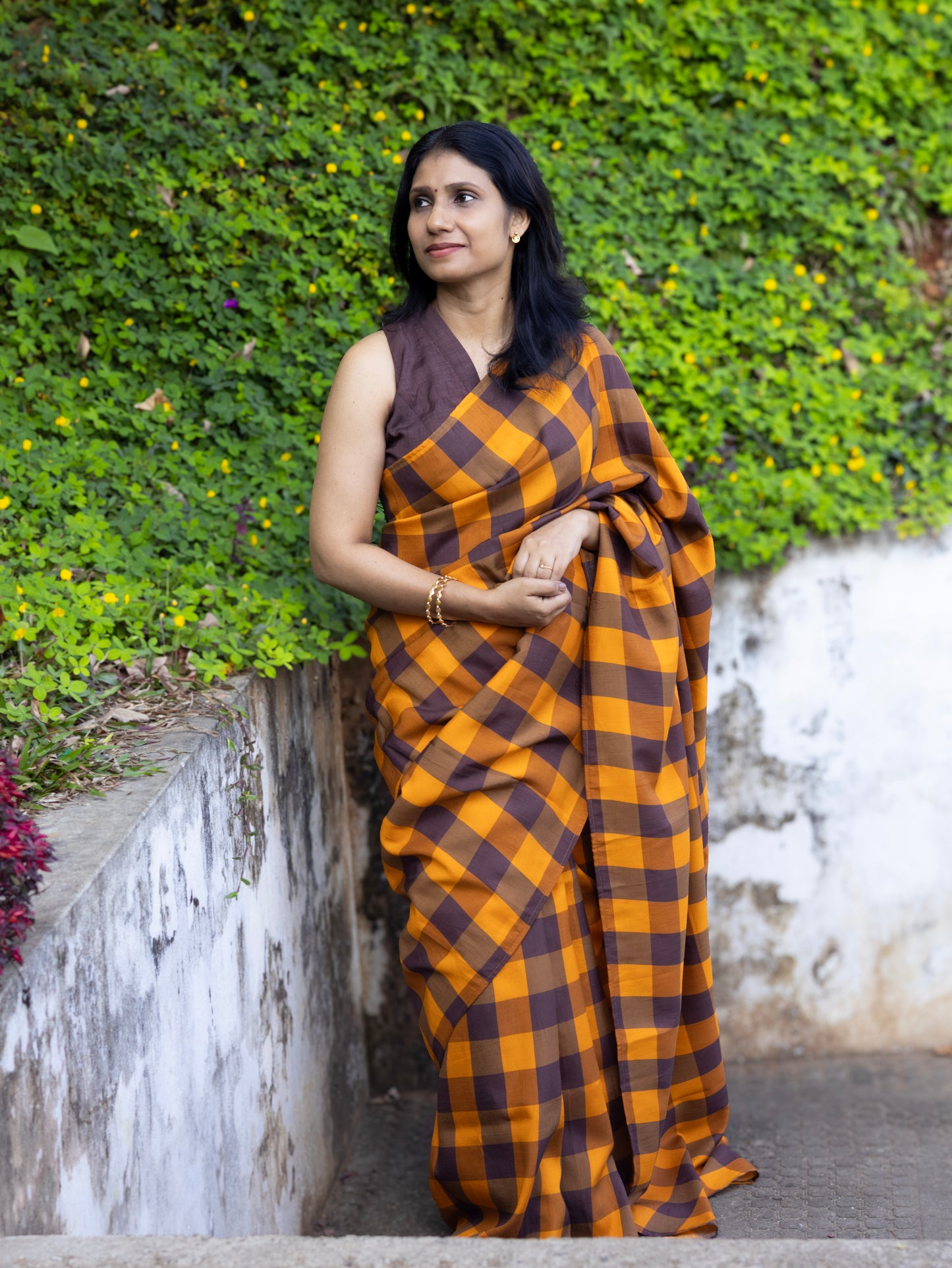 Amber Check Legacy- raw silk saree with digital check prints