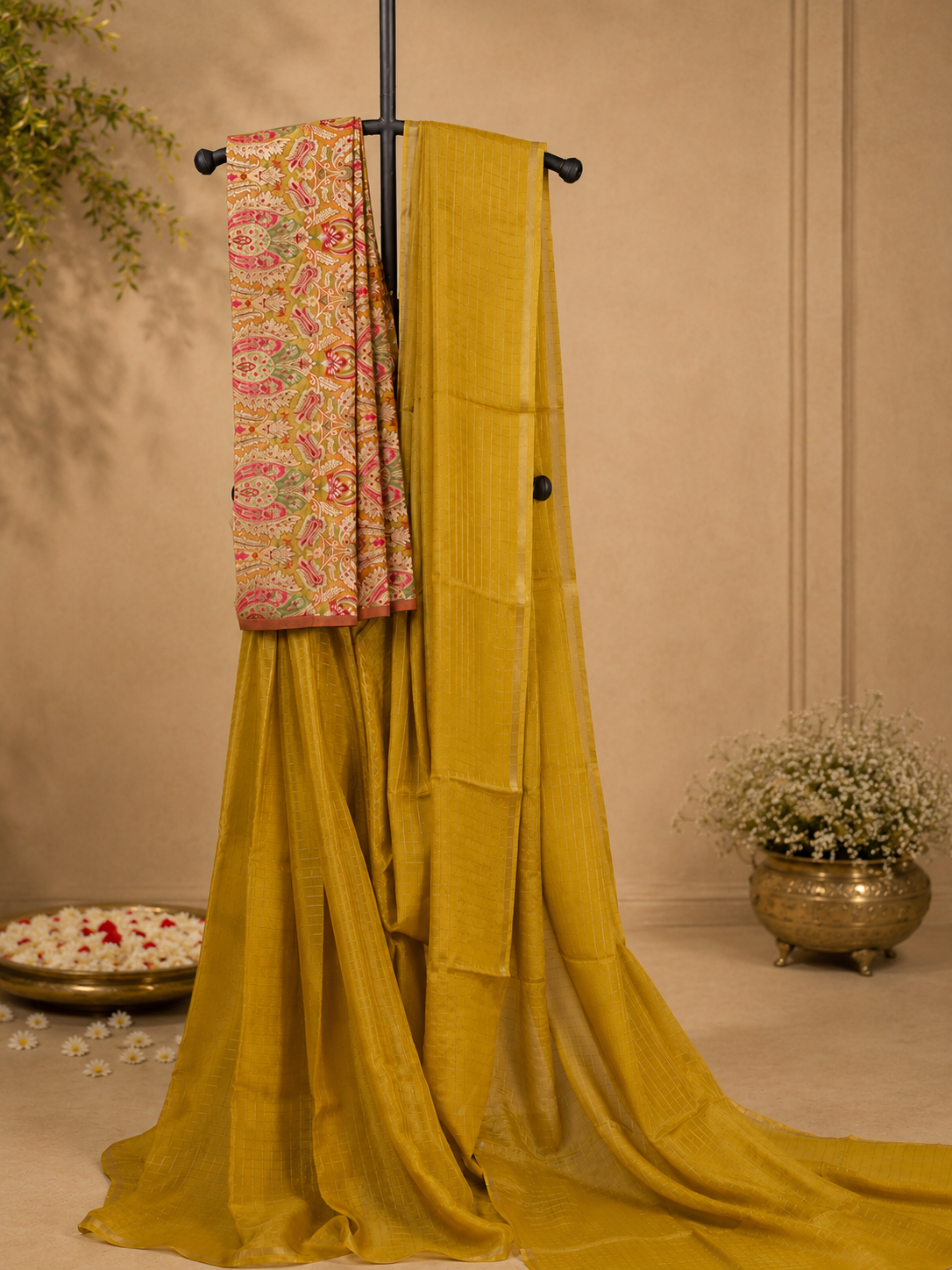 Mustard yellow Organza silk Saree with brocade blouse