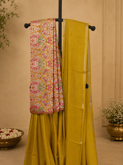 Mustard yellow Organza silk Saree with brocade blouse