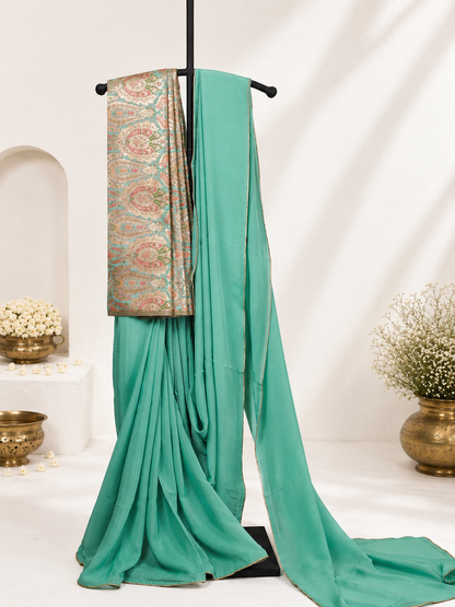 Sea green  Crepe silk Saree with brocade blouse