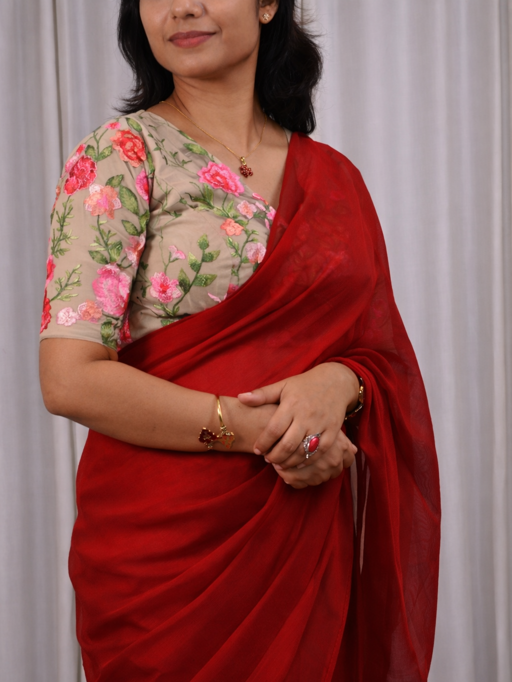 Floral Whisper – Red Jute Net Saree with Heavy Floral Embroidered Net Blouse