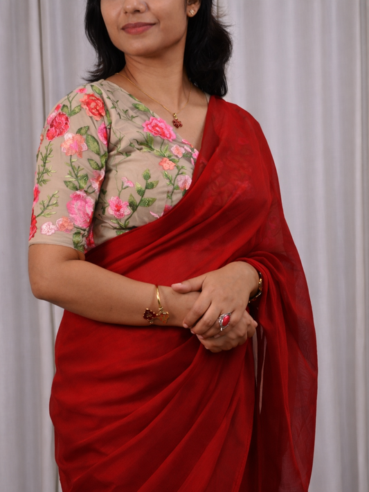 Floral Whisper – Red Jute Net Saree with Heavy Floral Embroidered Net Blouse
