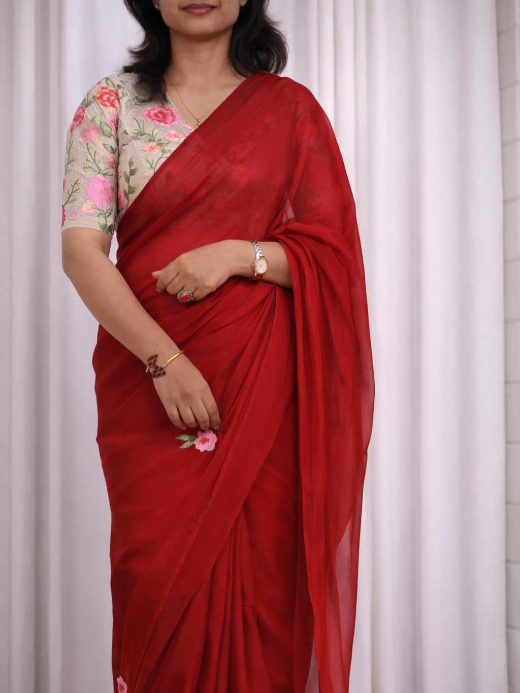 Floral Whisper – Red Jute Net Saree with Heavy Floral Embroidered Net Blouse
