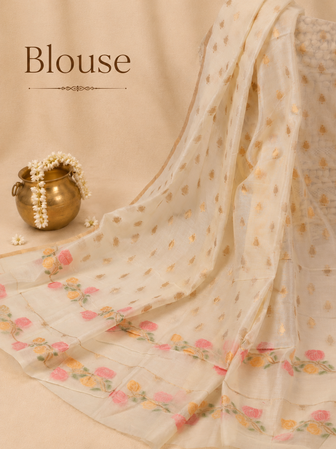 Ivory Gulabi - Jamdhani Cotton Silk Saree