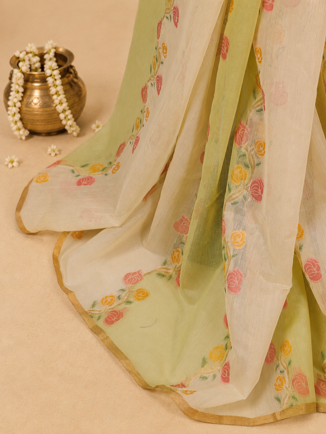 Ivory Gulabi - Jamdhani Cotton Silk Saree