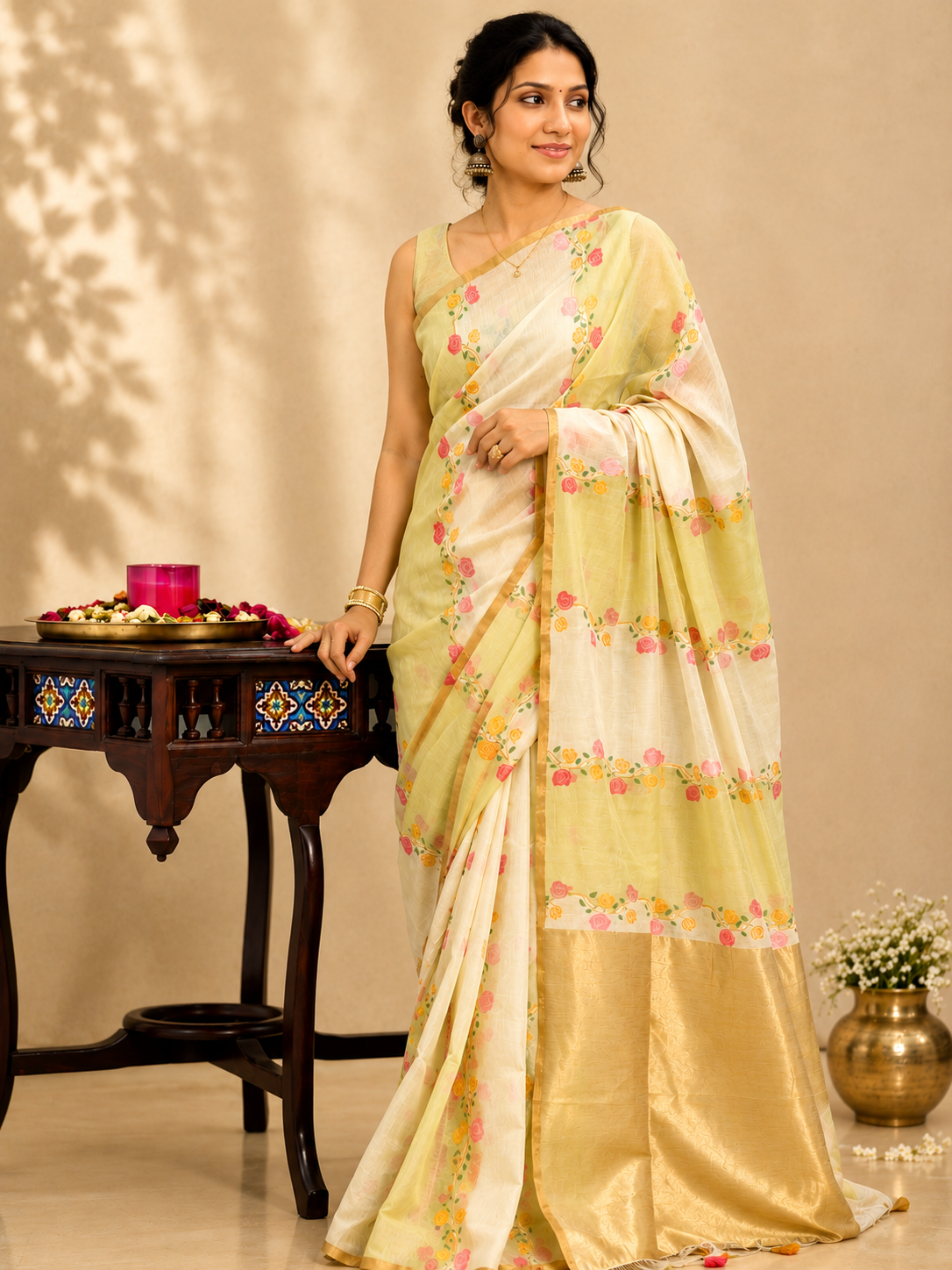 Ivory Gulabi - Jamdhani Cotton Silk Saree