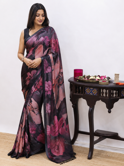 Black & Maroon Floral Digital Print Semi Satin Silk Saree