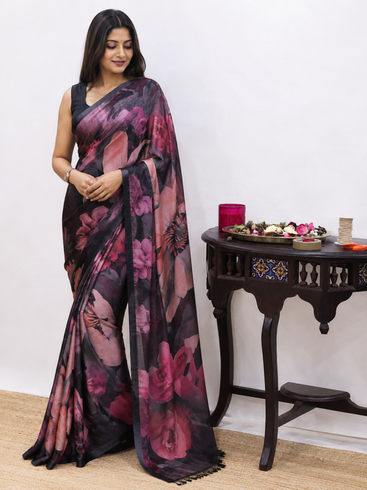 Black & Maroon Floral Digital Print Semi Satin Silk Saree
