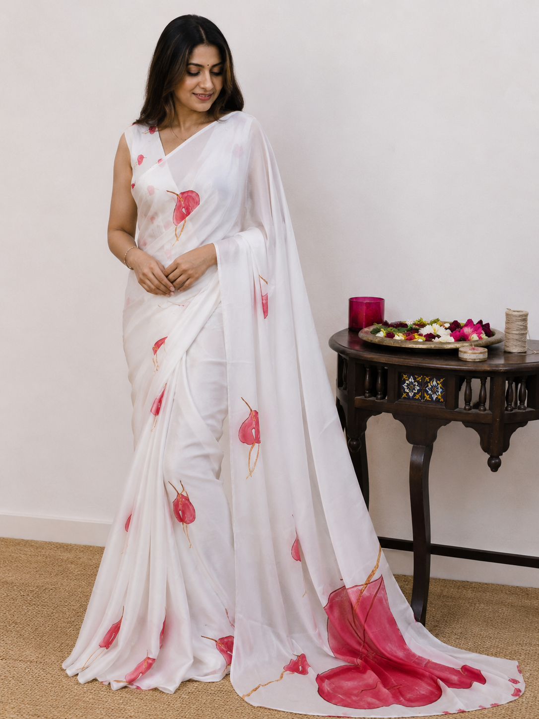 Satin silk saree off white -S249
