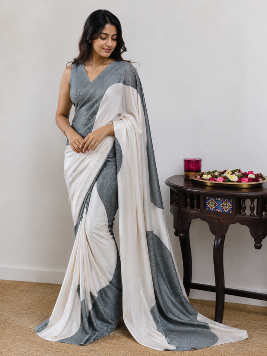 Satin silk saree off white -S248