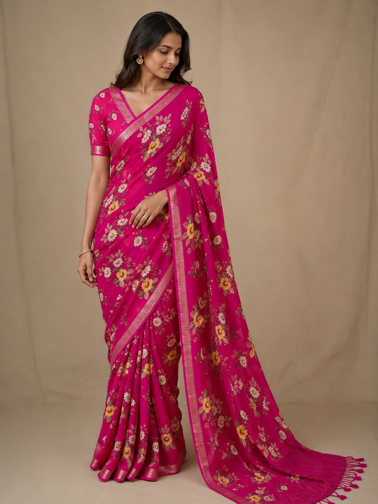 Chinon silk saree rani pink -S251