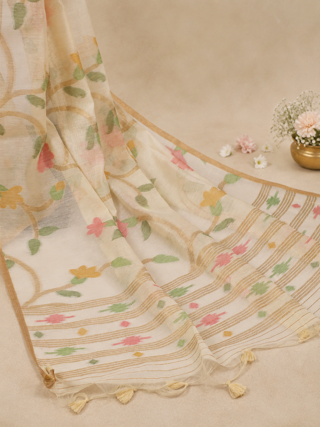 Ivory Phool Jamdani-Off-White Jamdani Cotton Silk Saree