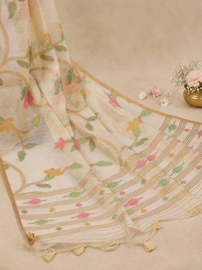 Ivory Phool Jamdani-Off-White Jamdani Cotton Silk Saree