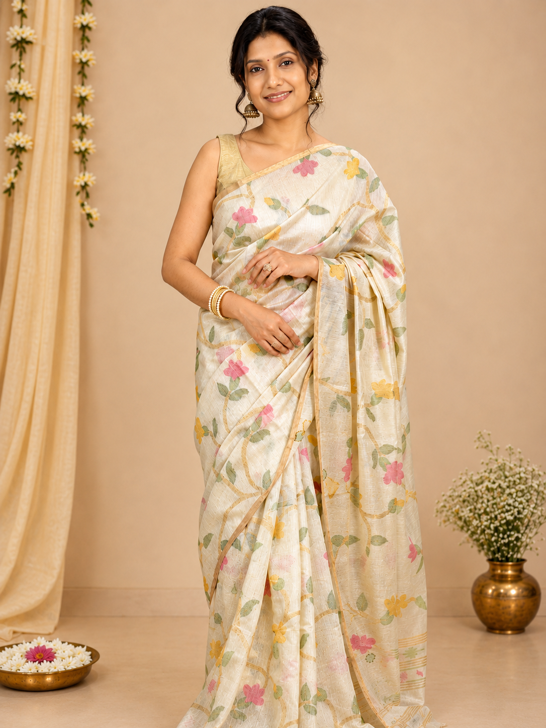 Ivory Phool Jamdani-Off-White Jamdani Cotton Silk Saree