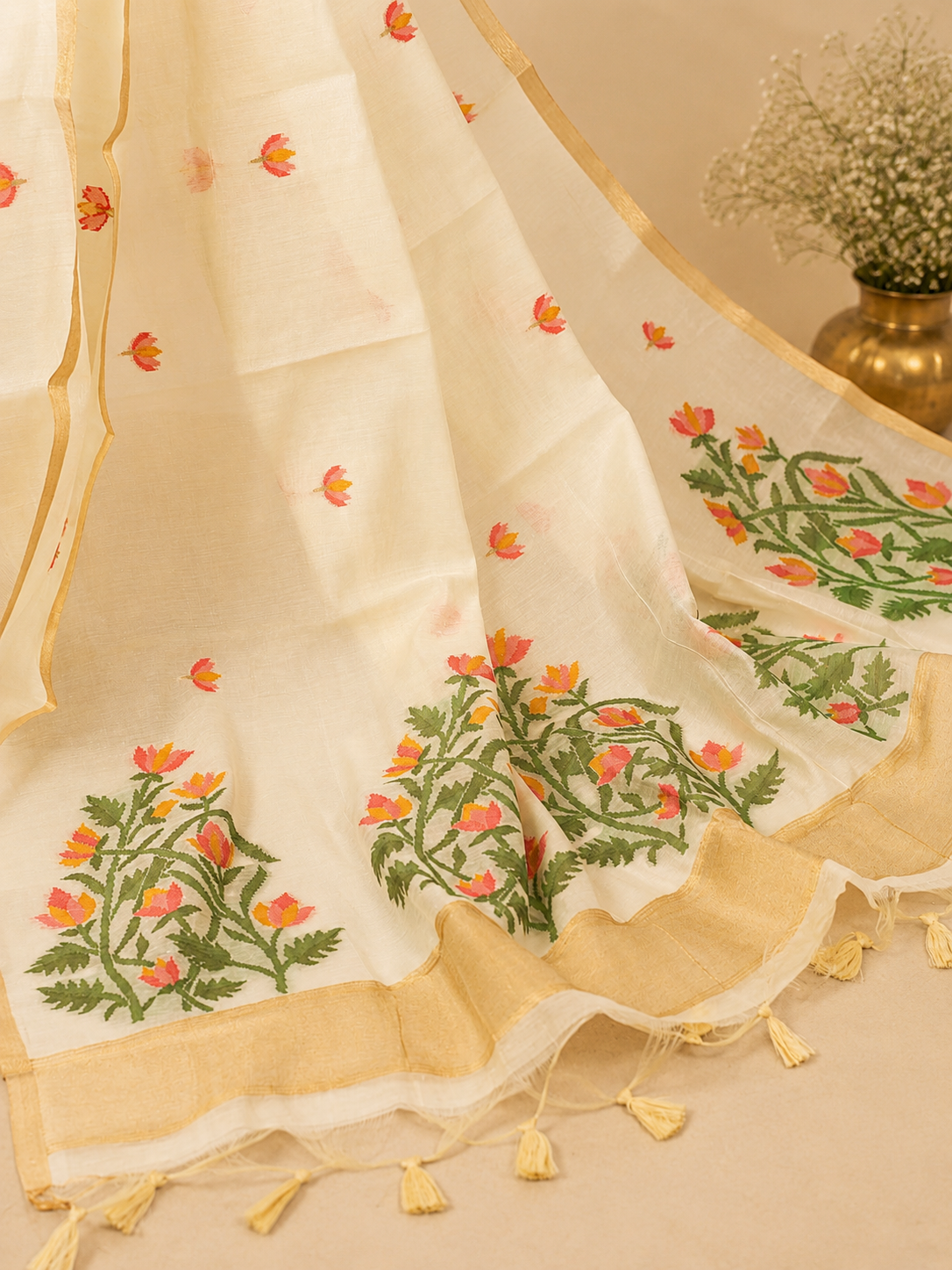Ivory Lotus Jamdhani -Cotton Silk Saree