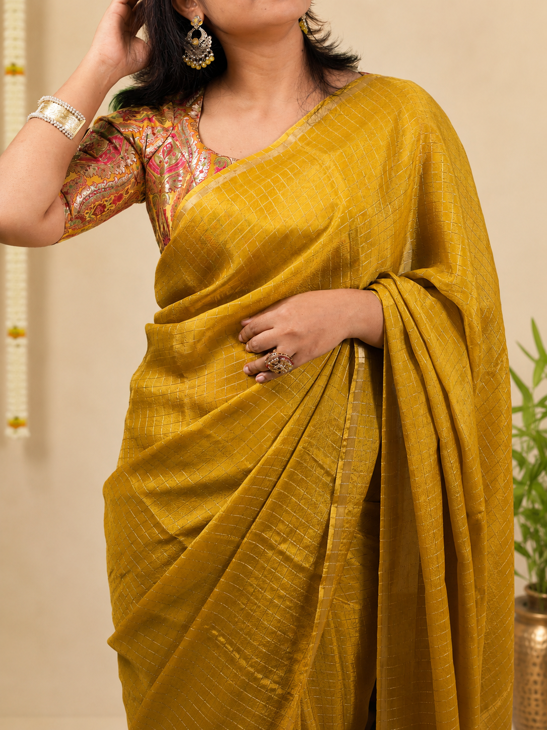Mustard yellow Organza silk Saree with brocade blouse