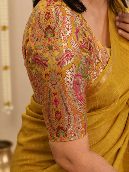 Mustard yellow Organza silk Saree with brocade blouse