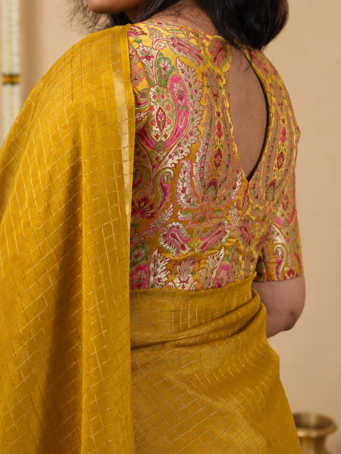 Mustard yellow Organza silk Saree with brocade blouse