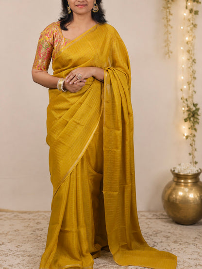 Mustard yellow Organza silk Saree with brocade blouse