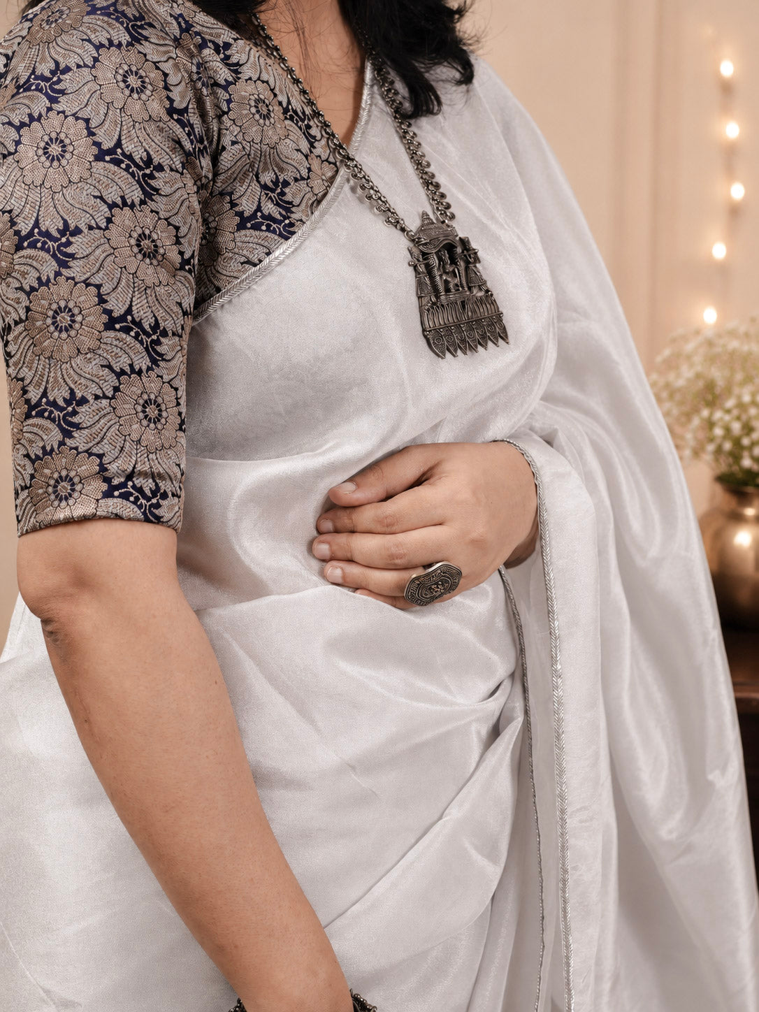 Moonlit Silver Saree with brocade blouse