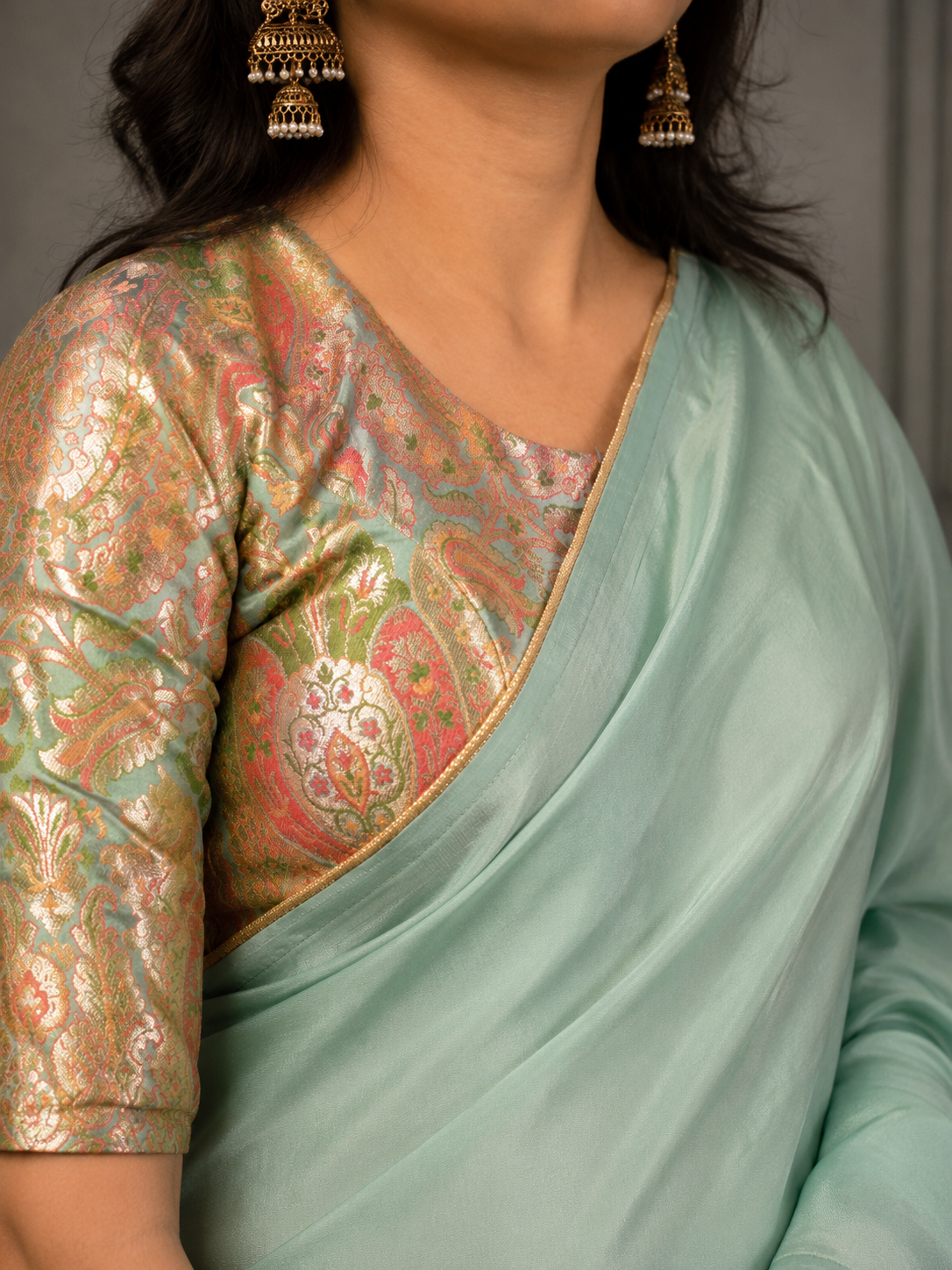 Sea green  Crepe silk Saree with brocade blouse
