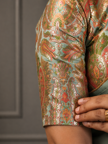 Sea green  Crepe silk Saree with brocade blouse