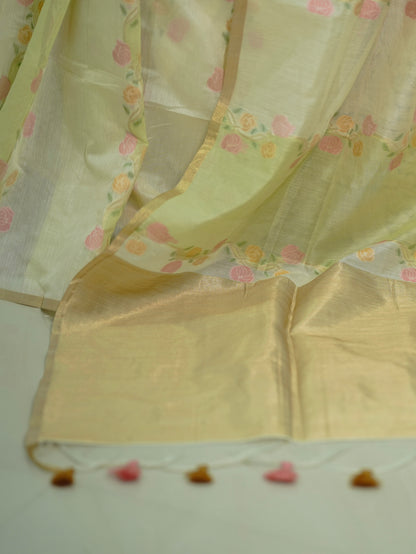 Ivory Gulabi Jamdhani Cotton Silk Saree with Golden Pallu