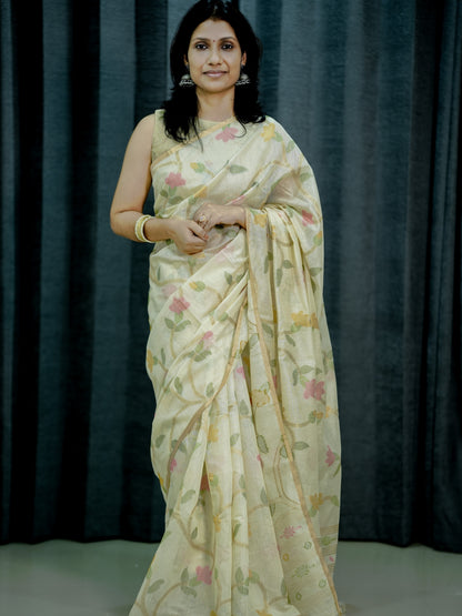 Ivory Phool Jamdani-Off-White Jamdani Cotton Silk Saree