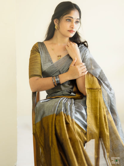 Metallic Grace – Grey & Gold Half-and-Half tissue Silk Saree