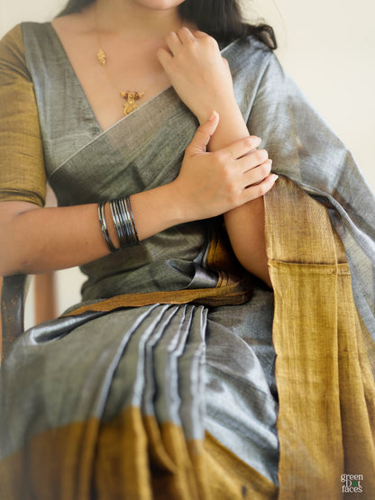 Metallic Grace – Grey & Gold Half-and-Half tissue Silk Saree