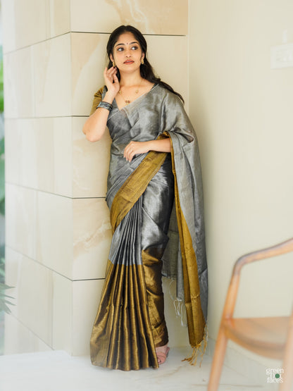 Metallic Grace – Grey & Gold Half-and-Half tissue Silk Saree