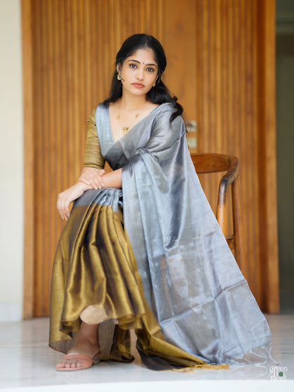 Metallic Grace – Grey & Gold Half-and-Half tissue Silk Saree