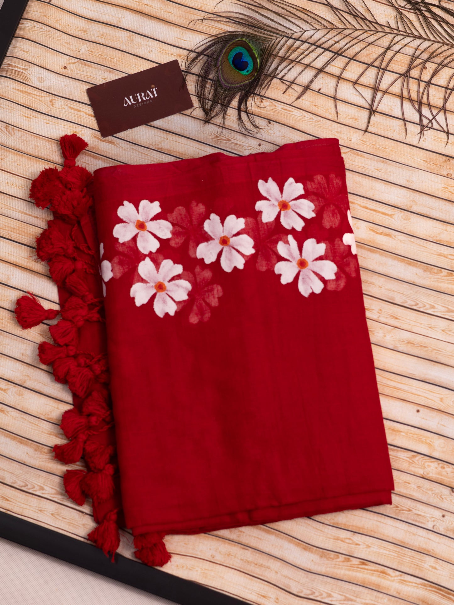 Red color shiuli mul cotton saree-S181