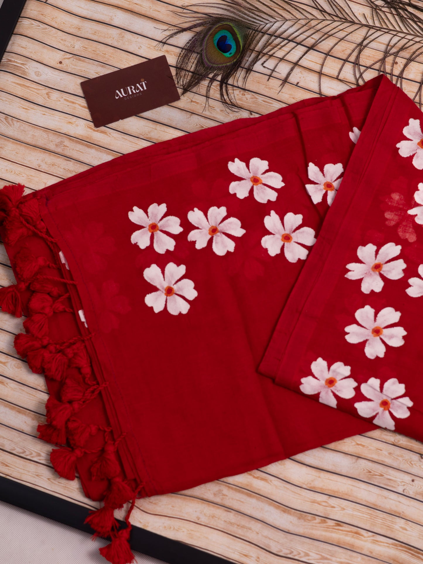Red color shiuli mul cotton saree-S181