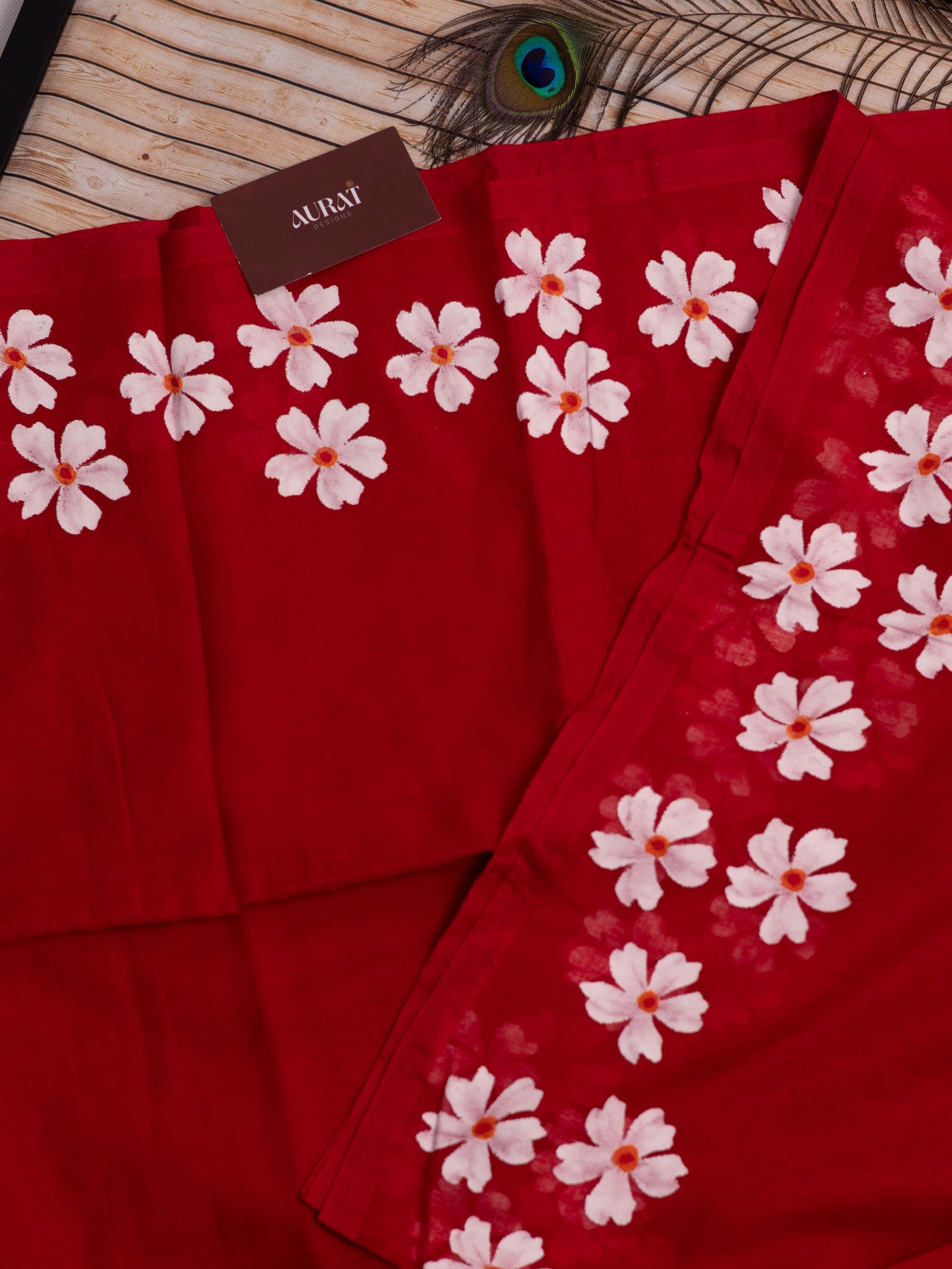 Red color shiuli mul cotton saree-S181