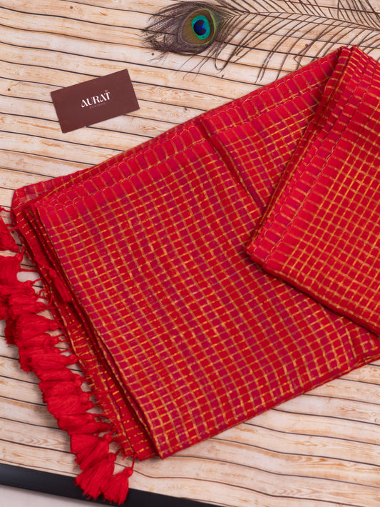 Red-rani pink-golden zari small box woven mul cotton saree-S202